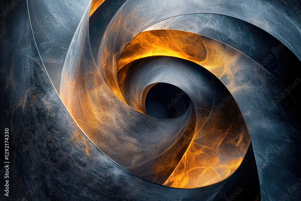 Poster abstract swirling metallic sculpture with glowing orange accents, creating a mesmerizing vortex effe