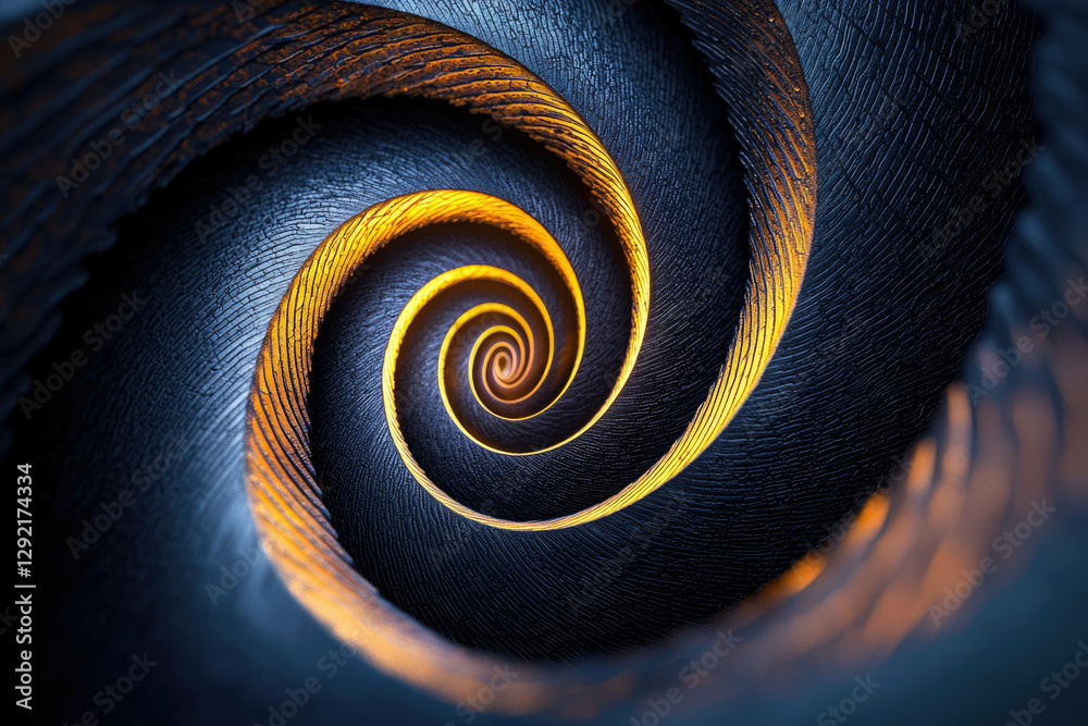 Poster a mesmerizing digital artwork featuring a dark blue and golden spiral, creating an illusion of depth