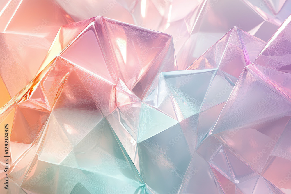 Poster abstract image of pastel-colored, faceted crystal structures, shimmering with light.