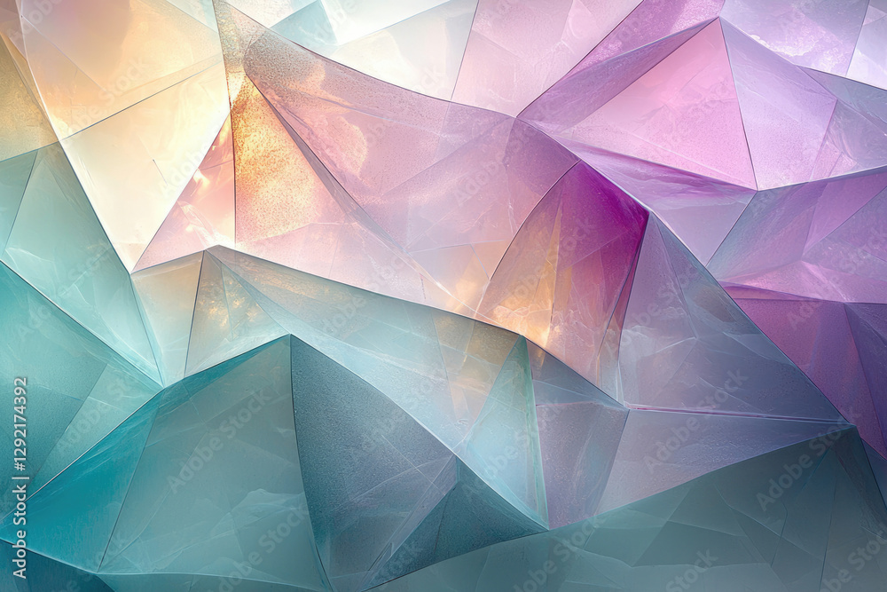 Poster abstract image of translucent geometric shapes in pastel hues creating a dreamy, ethereal landscape.