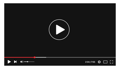 Desktop web video player with a modern multimedia interface and navigation icons. Designed for online video playback on web and mobile apps. Ideal for stock vector templates.