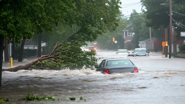 Heavy rain causes flooding in a residential area, submerging cars and creating hazardous conditions on the streets