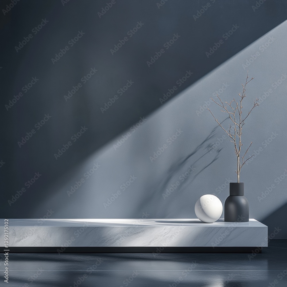 Poster Modern minimalist decor featuring a white egg and a black vase with a dried branch in a stylish setting. Generative AI