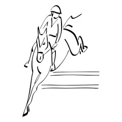 Equestrian athlete jumping over an obstacle on a horse, minimalistic black and white line art illustration  