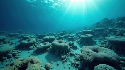 Fototapeta premium Sunlight streaming through ocean water on a coral reef affected by bleaching and climate change 