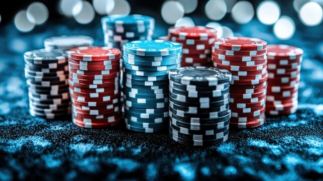 Casino poker chips stacked on a blue velvet table with blurred lights in the background