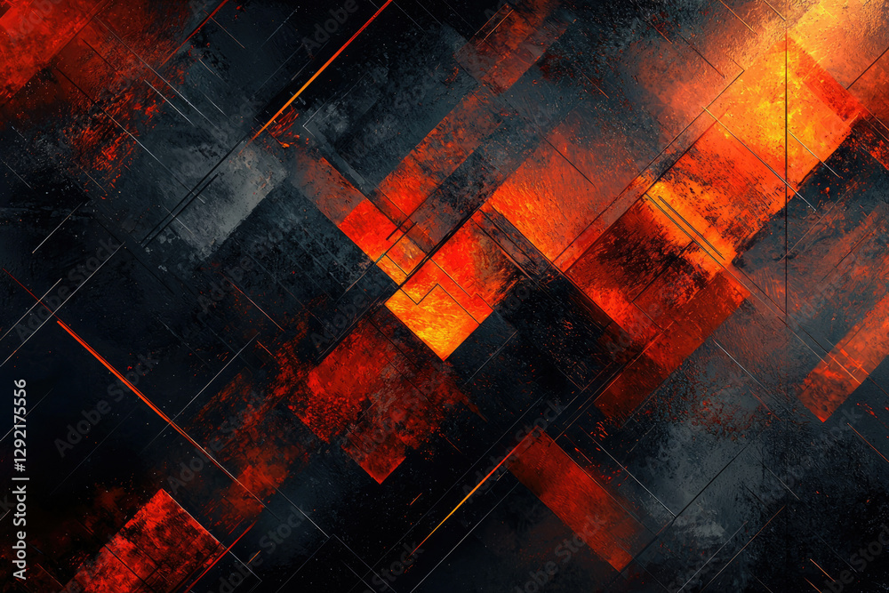 Poster abstract artwork featuring a dynamic interplay of dark and fiery orange geometric shapes, creating a