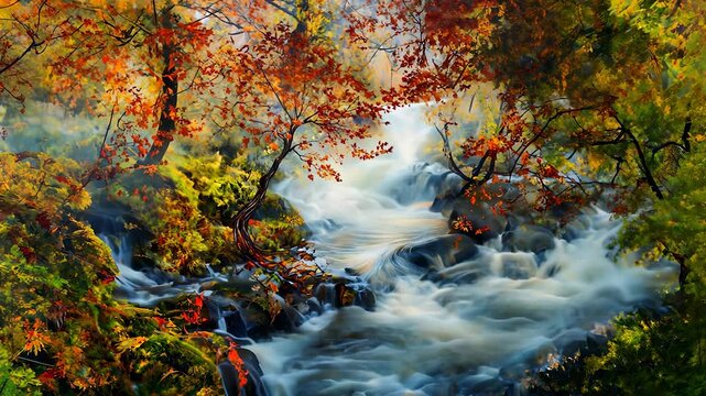 An oil painting of river flowing through forest. A forest with waves of water in the river. Colorful trees in autumn nature. A canvas depicting a river meandering through a woodland lifestyle.