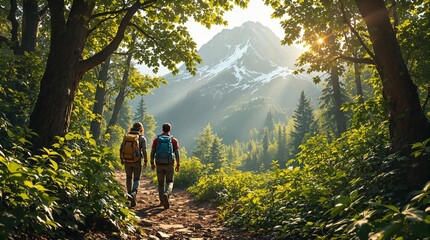 Hikers in Lush Forest: Exploring Nature and Scenic Trail