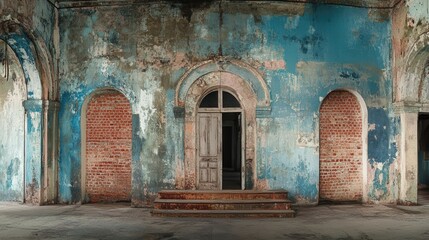 Naklejka premium Abandoned building interior with peeling blue walls, brick arches, and wooden door steps