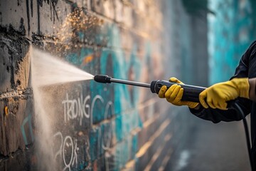 Close Up on Hands Cleaning Service Worker Removing Graffiti From Wall With Pressure Washer.	
