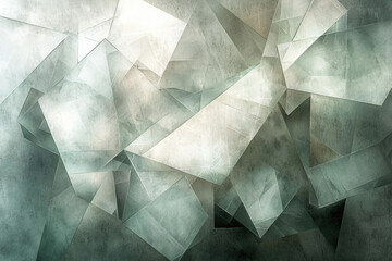 Abstract geometric art featuring overlapping, translucent, and textured polygons in shades of green and white.