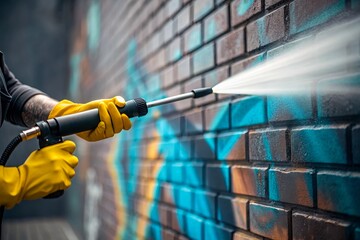 Close Up on Hands Cleaning Service Worker Removing Graffiti From Wall With Pressure Washer.	