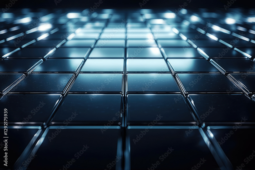 Poster a perspective view of a grid of reflective dark blue cubes, illuminated by soft lights.