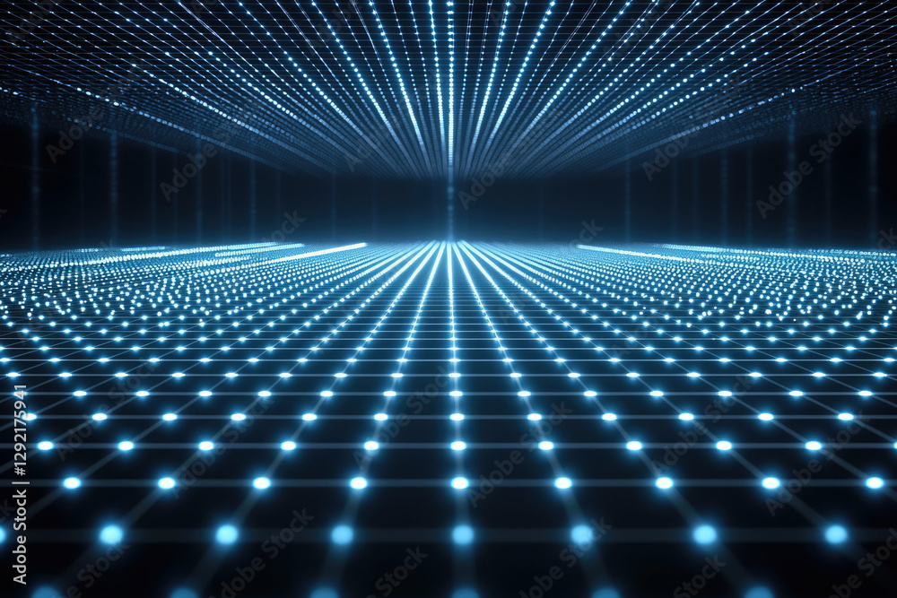 Poster abstract digital grid with glowing blue nodes converging to a vanishing point, suggesting a network 