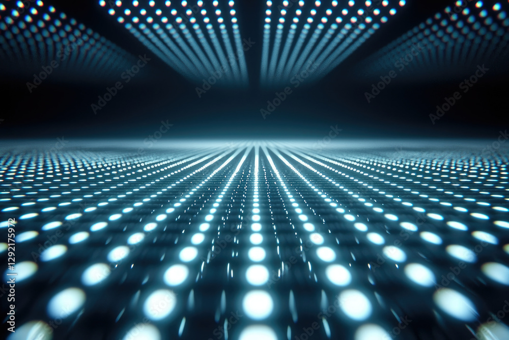 Poster Abstract digital landscape with glowing lights converging to a vanishing point, creating a futuristic and technological scene.