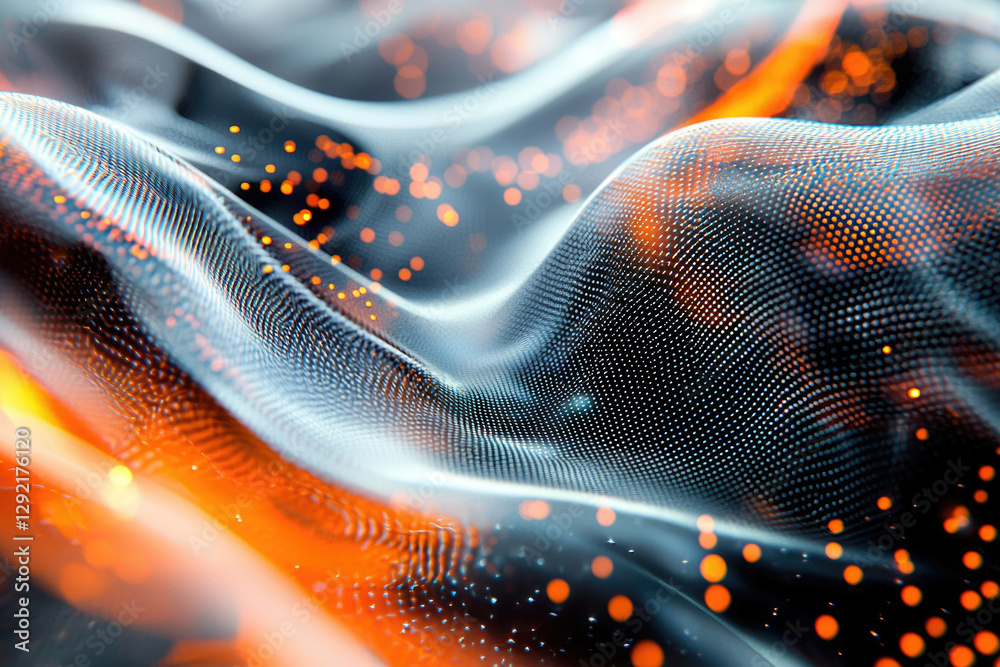 Aufkleber Abstract digital wave pattern with glowing orange particles, representing data flow or network.
