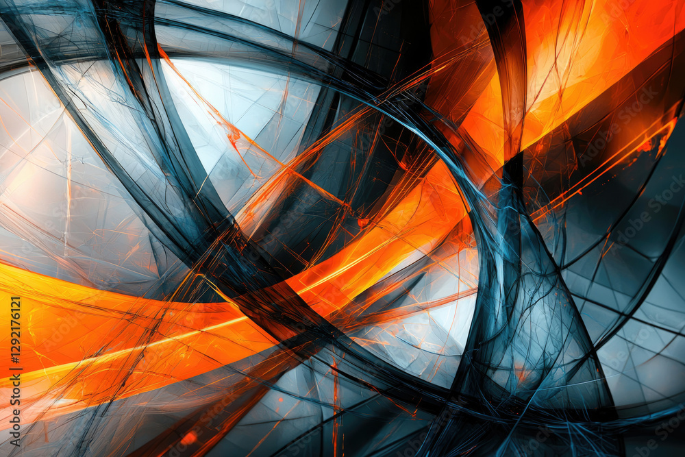 Poster Abstract fractal art with vibrant orange and dark blue strokes, creating a dynamic and energetic composition.