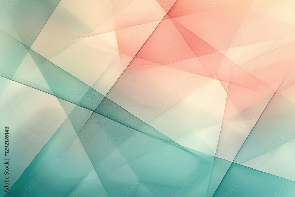 Poster Abstract art featuring overlapping translucent teal, peach, and beige polygons creating a soft, elegant design.