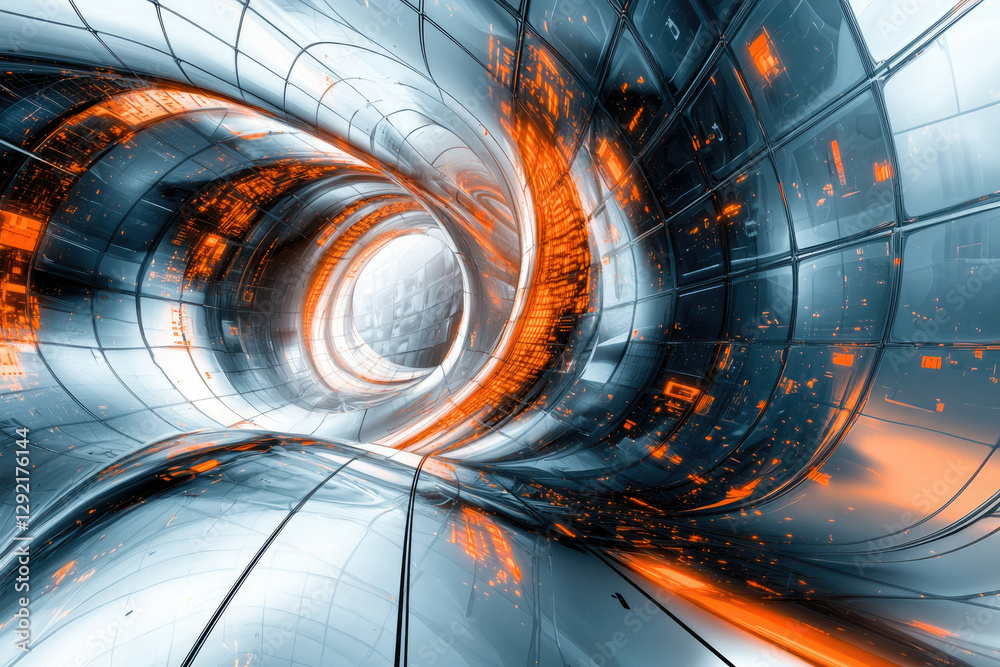 Poster Abstract futuristic tunnel with glowing orange and silver metallic surfaces, creating a dynamic and technological visual.