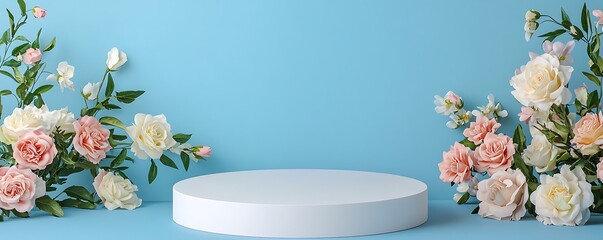 Round podium with flowers on a blue background for beauty product placement and advertising, with ample copy space