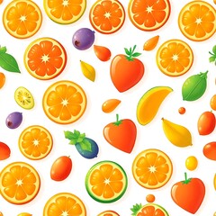 A symphony of Citrus and Fruits: a delightful and vibrant pattern. Showcasing a colorful array of sliced oranges, lemons, strawberries, and exotic fruits.
