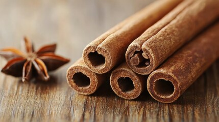 Cinnamon sticks and star anise on a wooden table