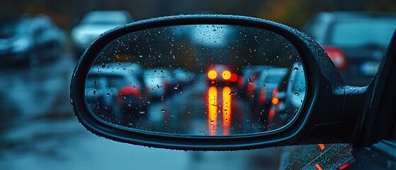 Car mirror reflects traffic jam with rain on road for travel or commute use