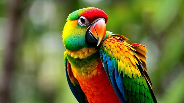 Colorful Parrot Portrait with Vibrant Plumage Red Green Blue and Yellow Feathers a Close Up View Against a Soft Green Blurred Background