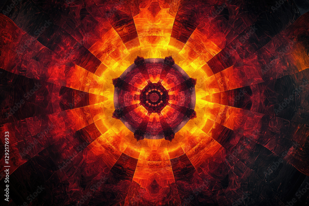 Poster intricate fiery mandala design with radiating patterns and a central focal point.