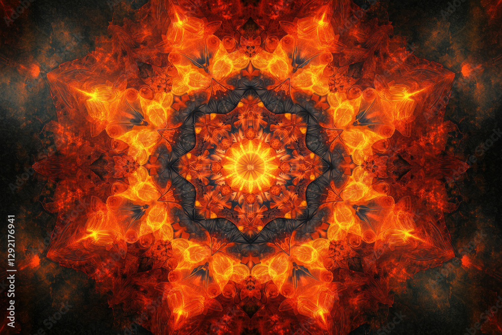 Poster fiery fractal mandala, radiating intense orange and red hues, creating a mesmerizing symmetrical des