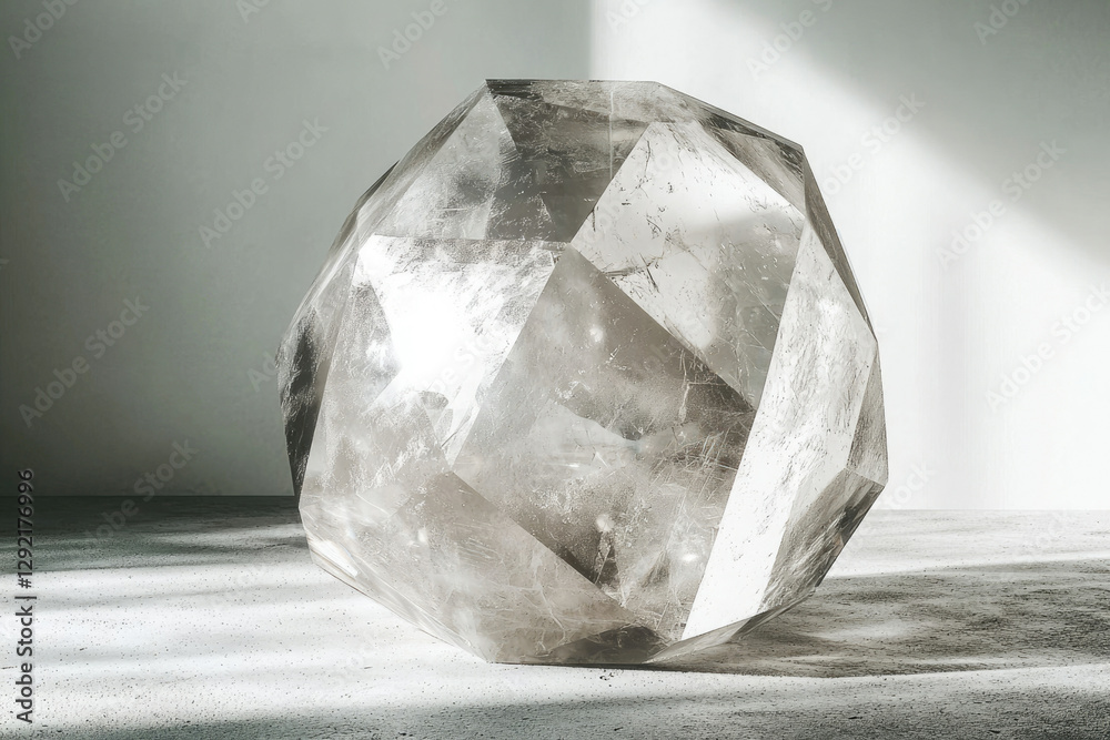 Poster a large,faceted clear quartz crystal rests on a light gray surface, illuminated by soft sunlight.