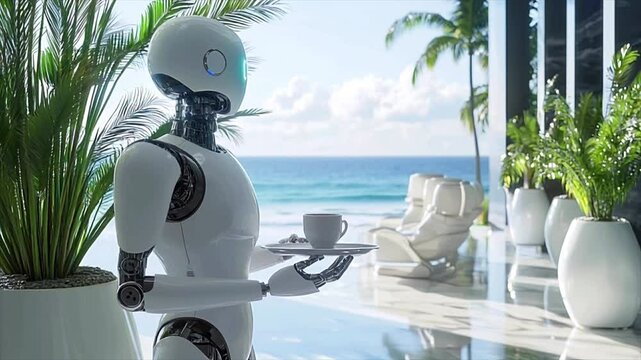Service robot delivering coffee cup in luxurious seaside hotel setting. Futuristic lifestyle