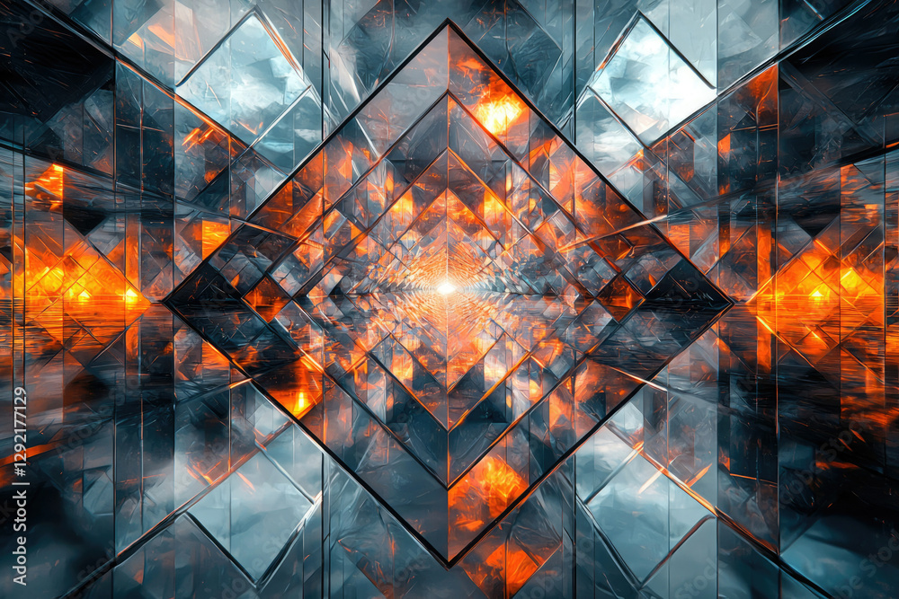 Poster abstract digital art depicting a mesmerizing geometric tunnel with reflective surfaces and fiery ora