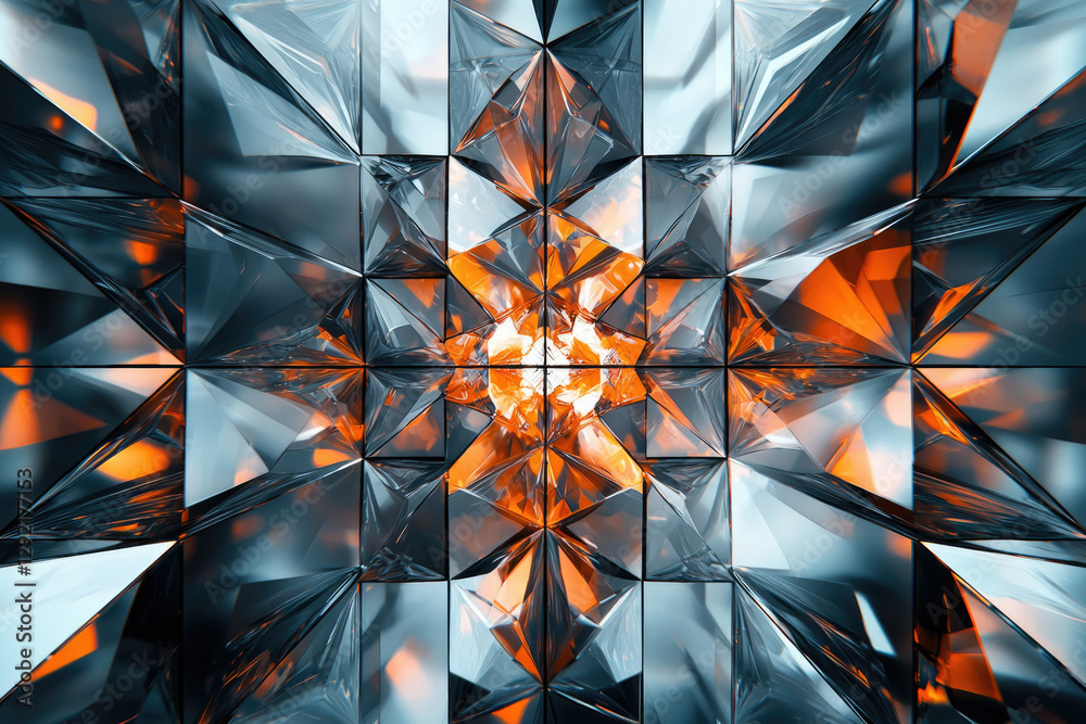 Poster Abstract geometric pattern with glowing orange and grey facets, creating a mesmerizing kaleidoscopic effect.