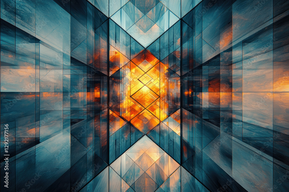 Aufkleber abstract artwork depicting a futuristic glass structure with warm, orange light at its core, creatin