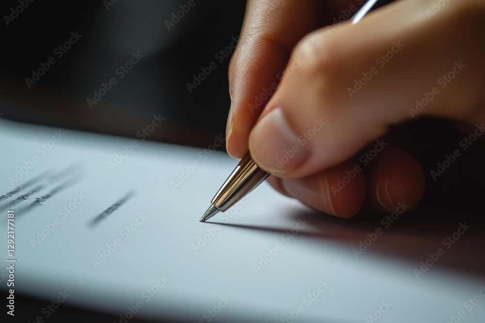 Aufkleber close up of a hand holding a pen while writing on a blank sheet of paper indoors in natural light du