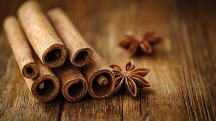 Cinnamon sticks and star anise on wooden surface