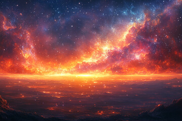 Fototapeta premium Celestial Inferno, A Dramatic Sky ablaze with Fire and Stardust