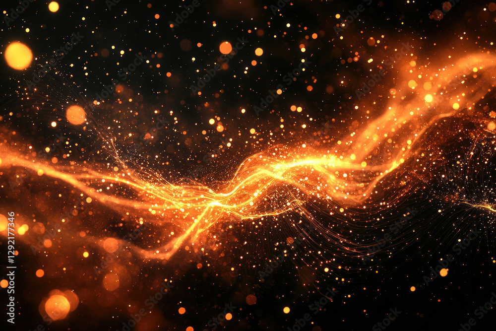 Poster Abstract art depicting a fiery, glowing wave of particles and bokeh lights on a dark background.