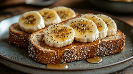   A close-up photo of a plate filled with bananas, topped with sesame seeds on top of a slice of bread
