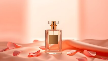 Golden Accents Luxury Perfume Bottle on Silk Fabric in Soft Pink Gradient