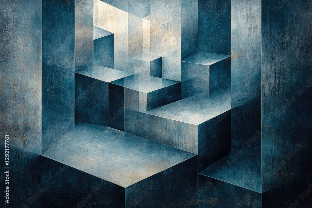 Aufkleber Abstract artwork featuring a complex arrangement of textured, blue-toned geometric cubes and rectangular prisms creating a sense of depth and space.