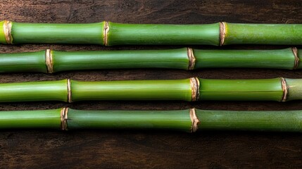 Fototapeta premium Close-up of green bamboo stalks arranged horizontally. Background is dark wood. Ideal for nature, peace, mindfulness themes