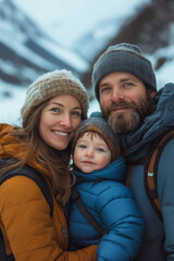 Happy family enjoying a snowy mountain adventure, bundled up against the cold and sharing a precious moment together outdoors.