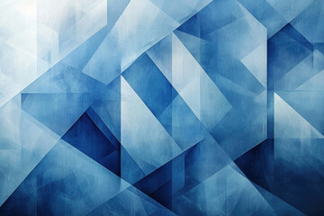 Abstract geometric art featuring overlapping translucent blue triangles and squares creating a textured, layered effect.
