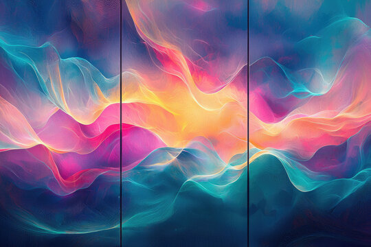 Abstract artwork depicting vibrant, flowing colors resembling a dreamy, ethereal landscape.