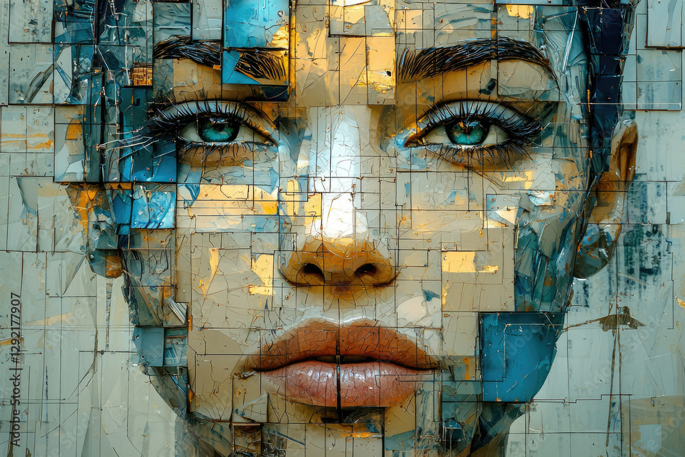 Poster abstract cubist portrait of a woman's face, fragmented into geometric shapes and painted in cool and