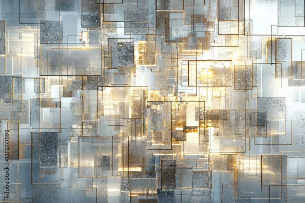 Poster Abstract geometric artwork featuring overlapping translucent squares in gold and silver tones, creating a sense of depth and complexity.