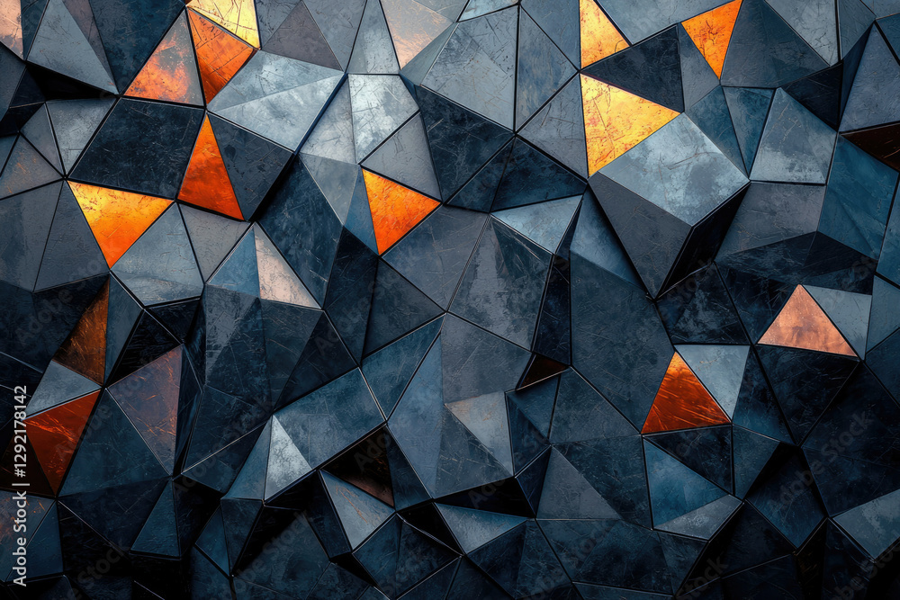 Poster abstract geometric background featuring dark gray and copper metallic triangles creating a textured,